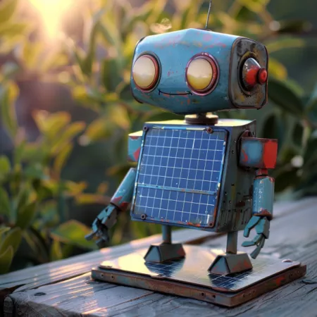 Ein kleiner Roboter, der Solarzellen auf dem Bauch hat und den Solarrechner Symbolisiert
