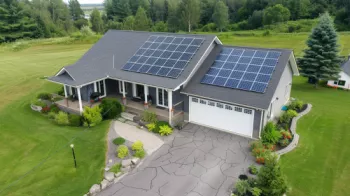 Luftaufnahme zeigt ein Einfamilienhaus mit zwei unterschiedlichen Solarpanel-Arrays auf dem Haupt- und Garagendach, in einer grünen, gepflegten Umgebung, hervorhebend die Nutzung verschiedener Dachflächen für Solarenergie.