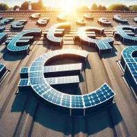 Darstellung mehrerer großer Euro-Symbole auf einem Dach , wobei die Oberfläche als Solarpanel dargestellt ist. Sonnenlicht scheint auf die Panele, was die Idee der Solarenergie als finanzielle Investition symbolisiert und als rentable Geldanlage