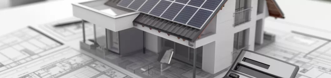 Modell eines Hauses mit Solarpanelen auf dem Dach neben einem Taschenrechner auf Bauplänen, symbolisiert Planung und Dimensionierung von Solarprojekten
