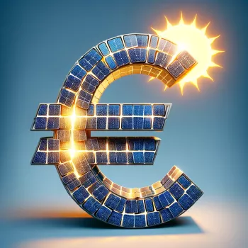 Illustration eines Eurozeichens, dessen Struktur aus Solarpaneelen besteht, mit leuchtender Sonne im Hintergrund, symbolisiert die Rentabilität von Solarinvestitionen.