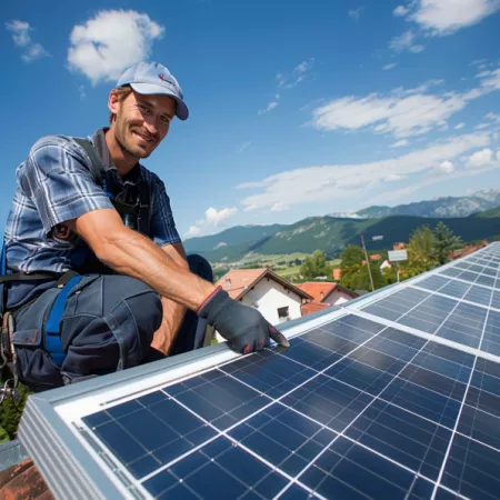 Fachmann installiert hochwertige Solarpaneele auf einem Hausdach, seine professionelle Arbeit impliziert eine langfristige Garantie und zuverlässige Energiegewinnung, vor einer Kulisse mit Bergen.