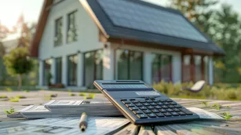 Vordergrund zeigt einen Taschenrechner auf Architektenplänen mit Solaranlage-Skizzen, im Hintergrund ein Haus mit Solarzellen auf dem Dach in einer grünen Umgebung, symbolisiert präzise Planung für Photovoltaik-Installationen.