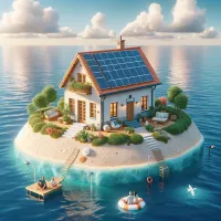 Digitale Illustration eines idyllischen, kleinen Inselhauses mit Solarzellen auf dem Dach. Das Haus ist von einem gepflegten Garten mit Bäumen und einer Liege umgeben. Im Vordergrund paddeln zwei Personen in einem Schlauchboot auf dem ruhigen Meerwasser,