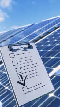 Eine Checkliste auf einem Klemmbrett vor dem Hintergrund von Solarpanelen, symbolisiert die Planung oder Überprüfung einer Photovoltaikanlage.
