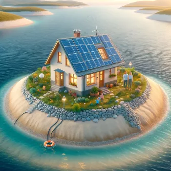 Digitale Illustration eines energieautarken Inselhauses mit Solardach und Windturbine, umgeben von Meer, mit Familie vor dem Haus, betont nachhaltiges Wohnen.