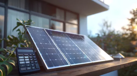 Ein Taschenrechner liegt neben einem Solarmodul auf einer Holzoberfläche im Vordergrund, mit der Fassade eines modernen Hauses und Pflanzen im Hintergrund, was die Berechnung der Effizienz von Photovoltaikanlagen symbolisiert.