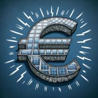 Illustration eines Eurozeichens, das aus Solarpanel-Textur besteht, umgeben von gezeichneten Blitzlichtern, was symbolisch für Energieeinsparung und Investition in erneuerbare Energien steht.
