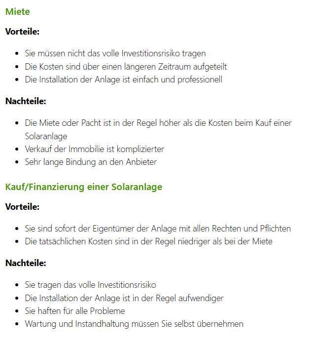 Vor- und Nachteile der Solarmiete vs. Finanzierung